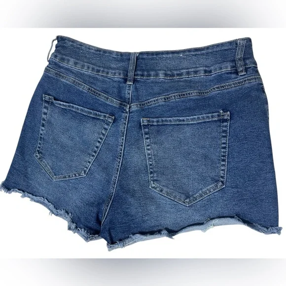 Forever 21 High Rise Shortie Denim Short Frayed Hem Distressed Button Up Size 16 - Picture 5 of 7